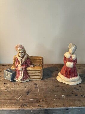 Vintage Ceramic Village Figurines Woman On Bench & Lady In Dress - Hand-Painted